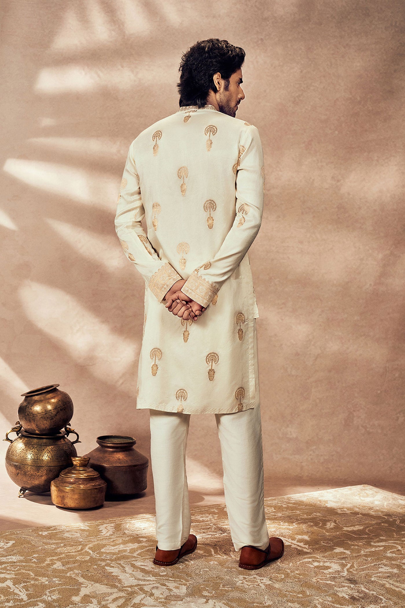 Masaba Menswear Ivory Traveller's Palm Jacquard Kurta indian designer wear online shopping melange singapore