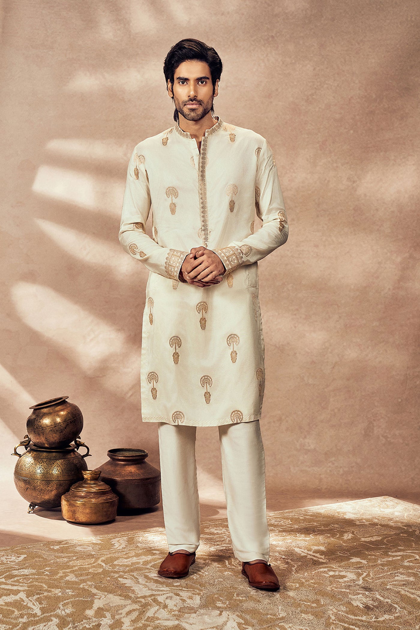 Masaba Menswear Ivory Traveller's Palm Jacquard Kurta indian designer wear online shopping melange singapore