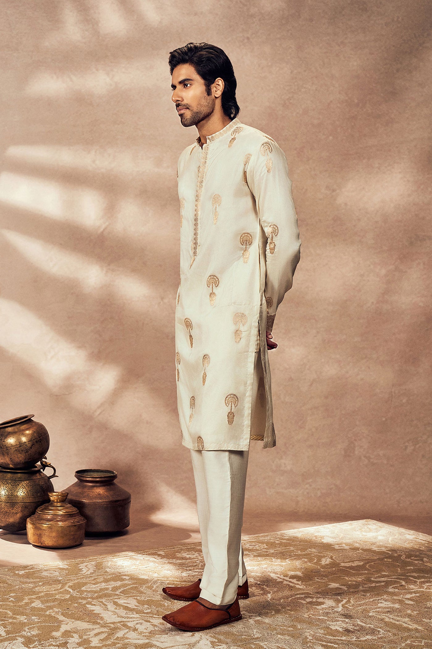 Masaba Menswear Ivory Traveller's Palm Jacquard Kurta Set indian designer wear online shopping melange singapore