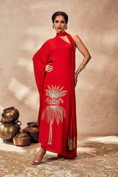 Masaba Red Tropical One Shoulder Kaftan indian designer wear online shopping melange singapore