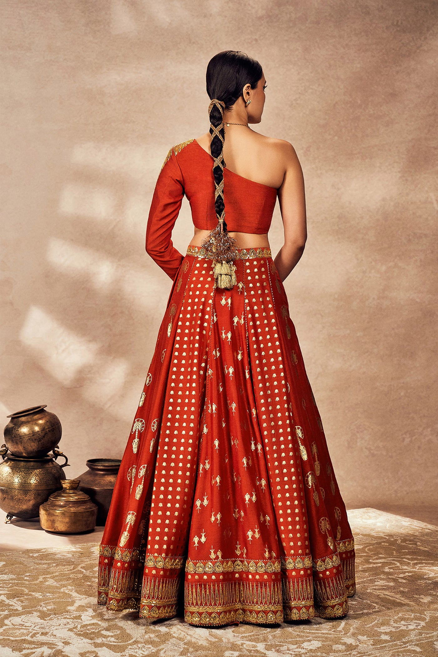 Masaba Rust Foil One Shoulder  Lehenga Set indian designer wear online shopping melange singapore