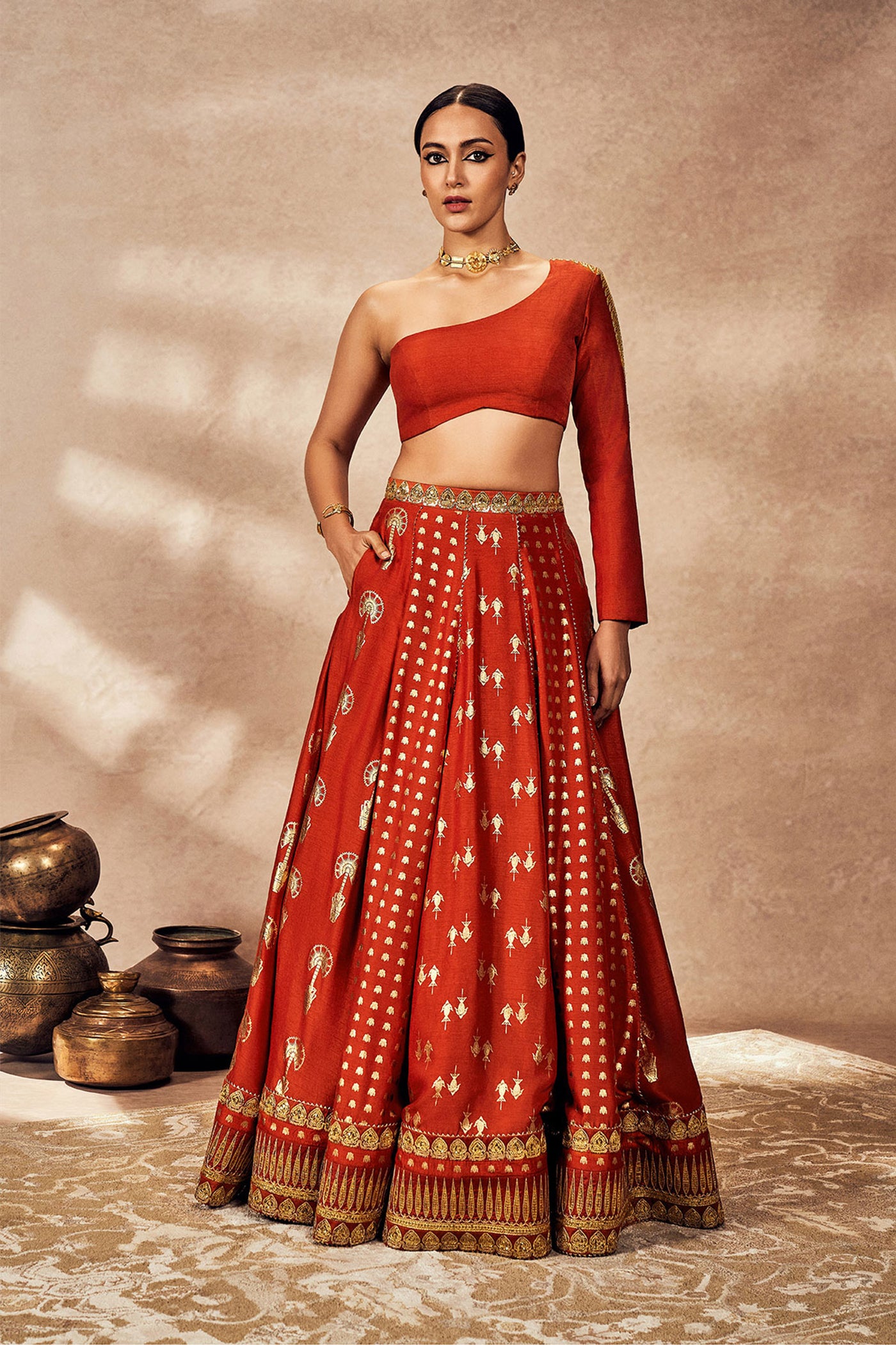 Masaba Rust Foil One Shoulder  Lehenga Set indian designer wear online shopping melange singapore