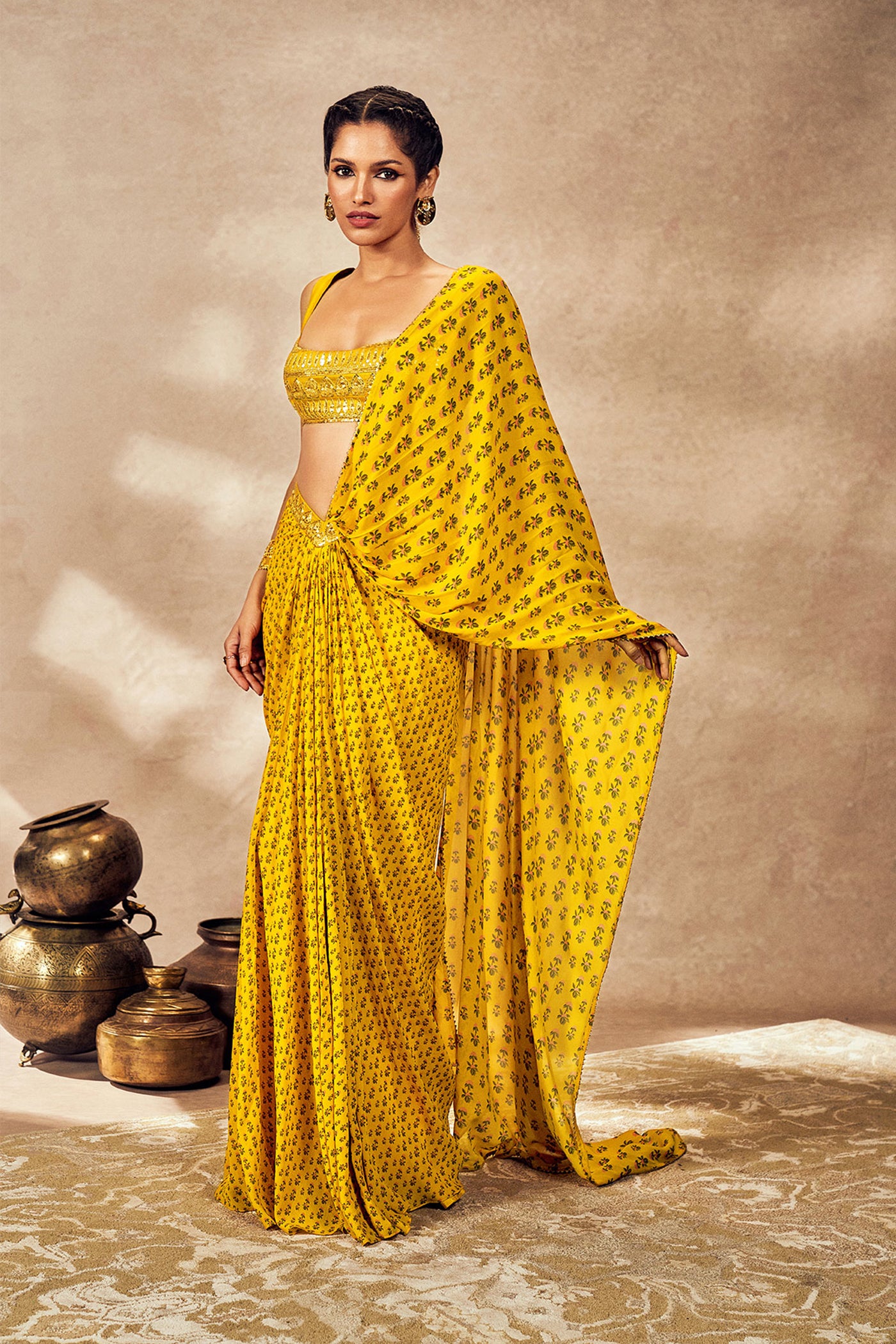 Masaba Yellow Pixie Dust Drape Saree indian designer wear online shopping melange singapore