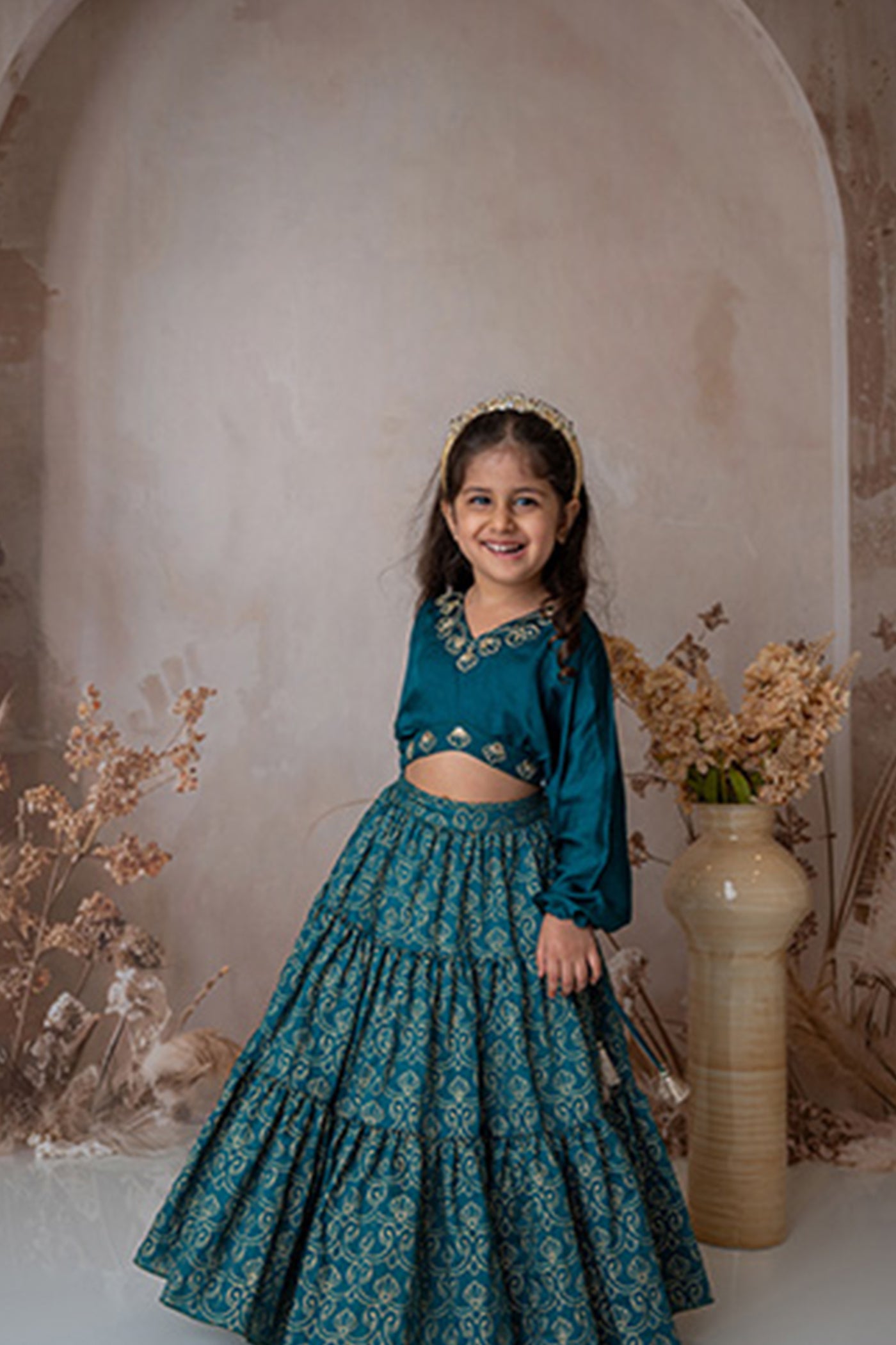 Mi Dulce Anya Stylish Crop Top With Tiered Lehenga Teal indian designer wear online shopping melange singapore