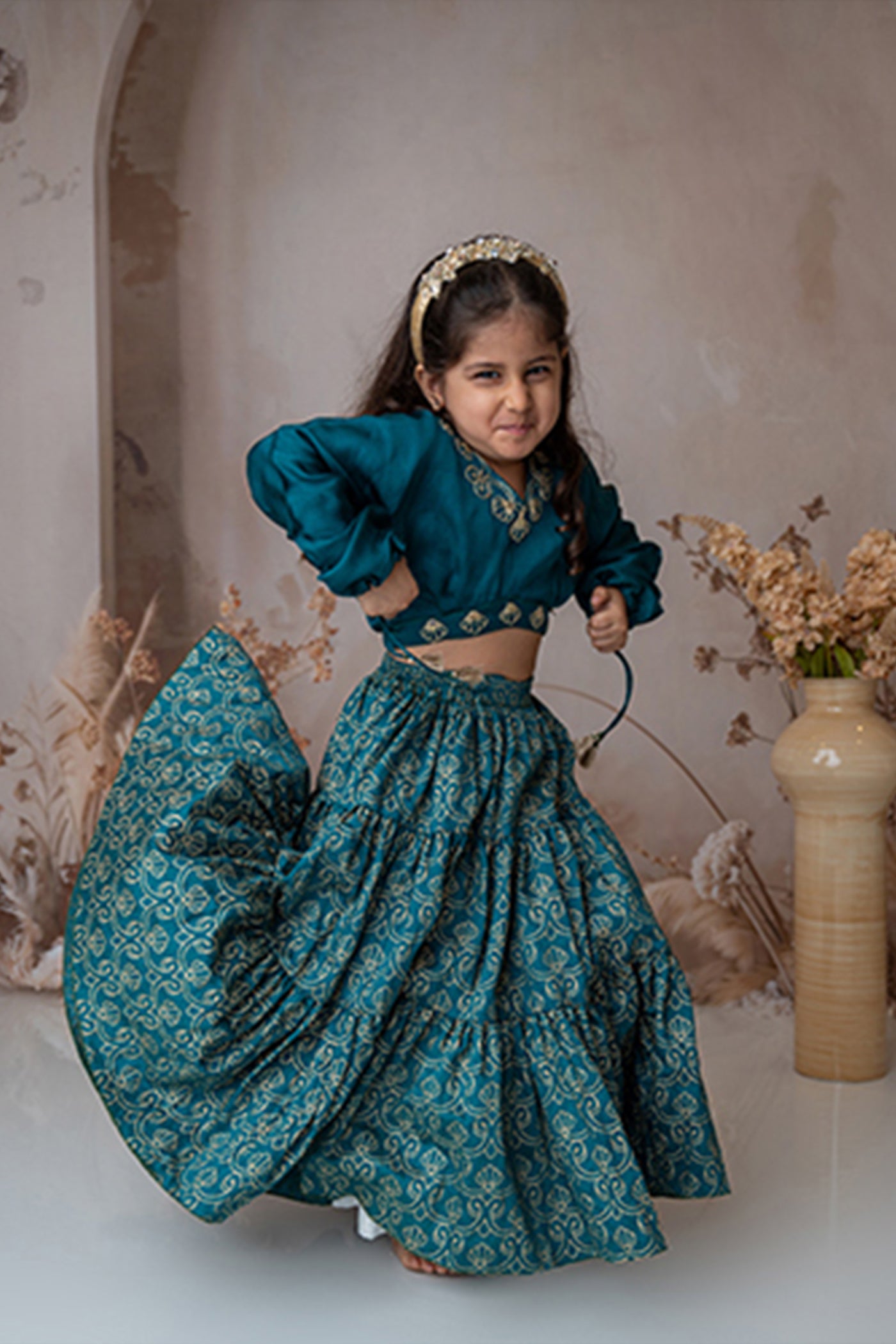 Mi Dulce Anya Stylish Crop Top With Tiered Lehenga Teal indian designer wear online shopping melange singapore