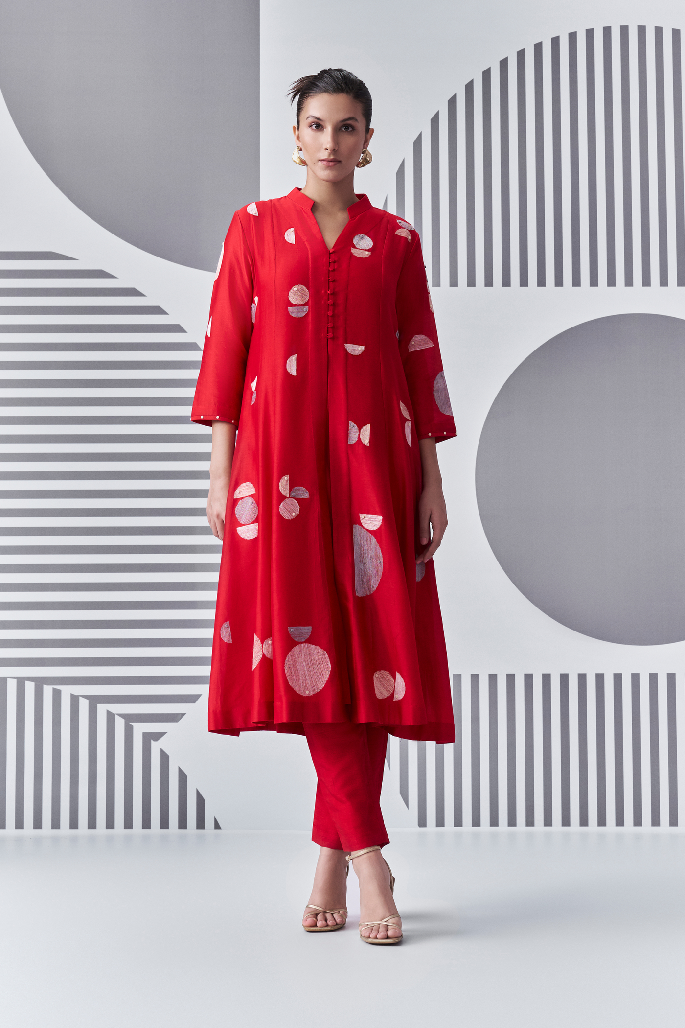 Bauhaus Felt Applique Kalidar Kurta with Scarf and Pants Nachiket Barve Melange Singapore Online Shopping Indian Designer Wear