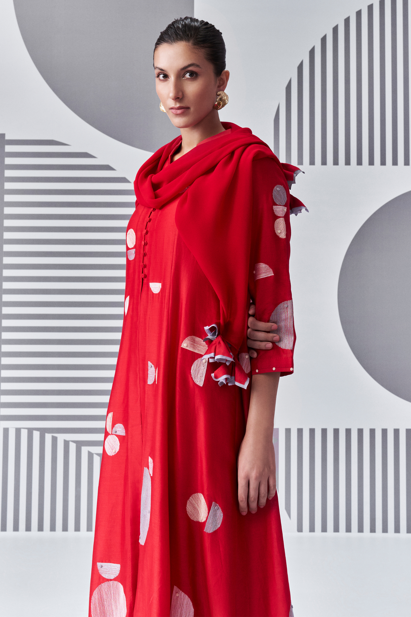 Bauhaus Felt Applique Kalidar Kurta with Scarf and Pants Nachiket Barve Melange Singapore Online Shopping Indian Designer Wear