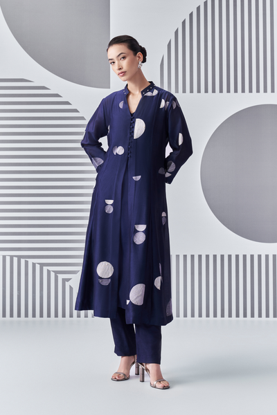 Bauhaus Felt Applique Kalidar Kurta with Bauhaus Color Blocked Dupatta and Pants Blue Indian Designer Wear Online Shopping Melange Singapore