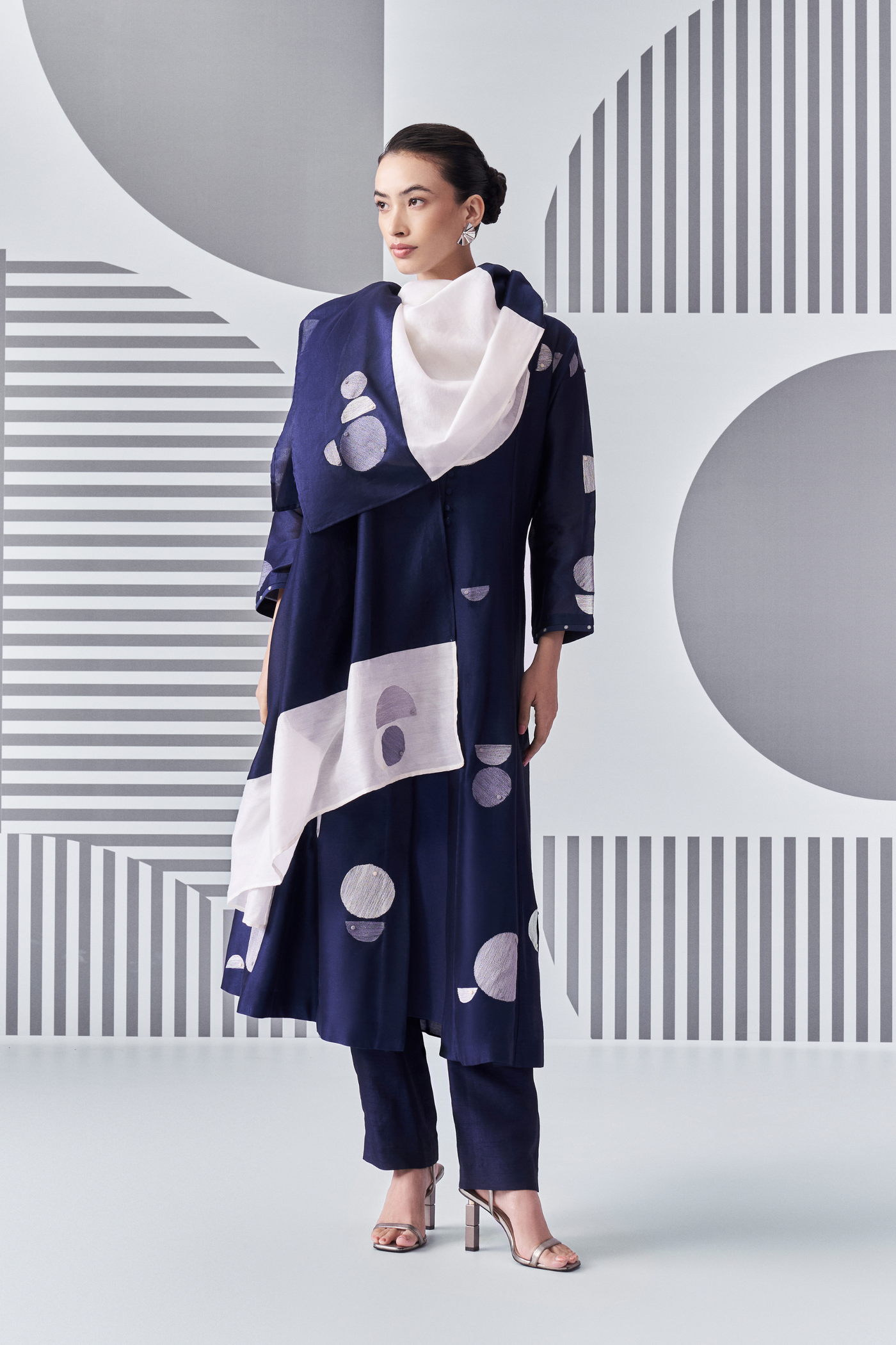 Bauhaus Felt Applique Kalidar Kurta with Bauhaus Color Blocked Dupatta and Pants Blue Indian Designer Wear Online Shopping Melange Singapore