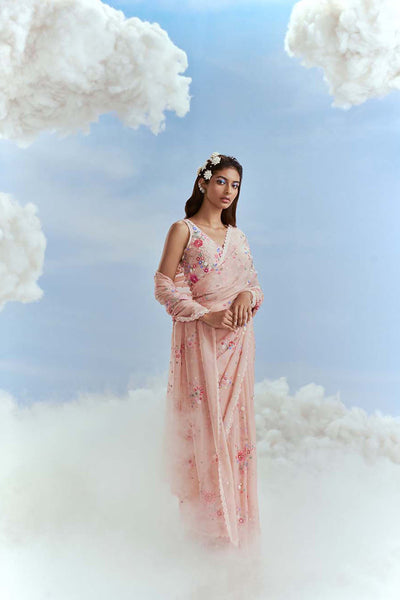 Nachiket Barve Izmir Carnations Organza Sari Blush indian designer wear online shopping melange singapore