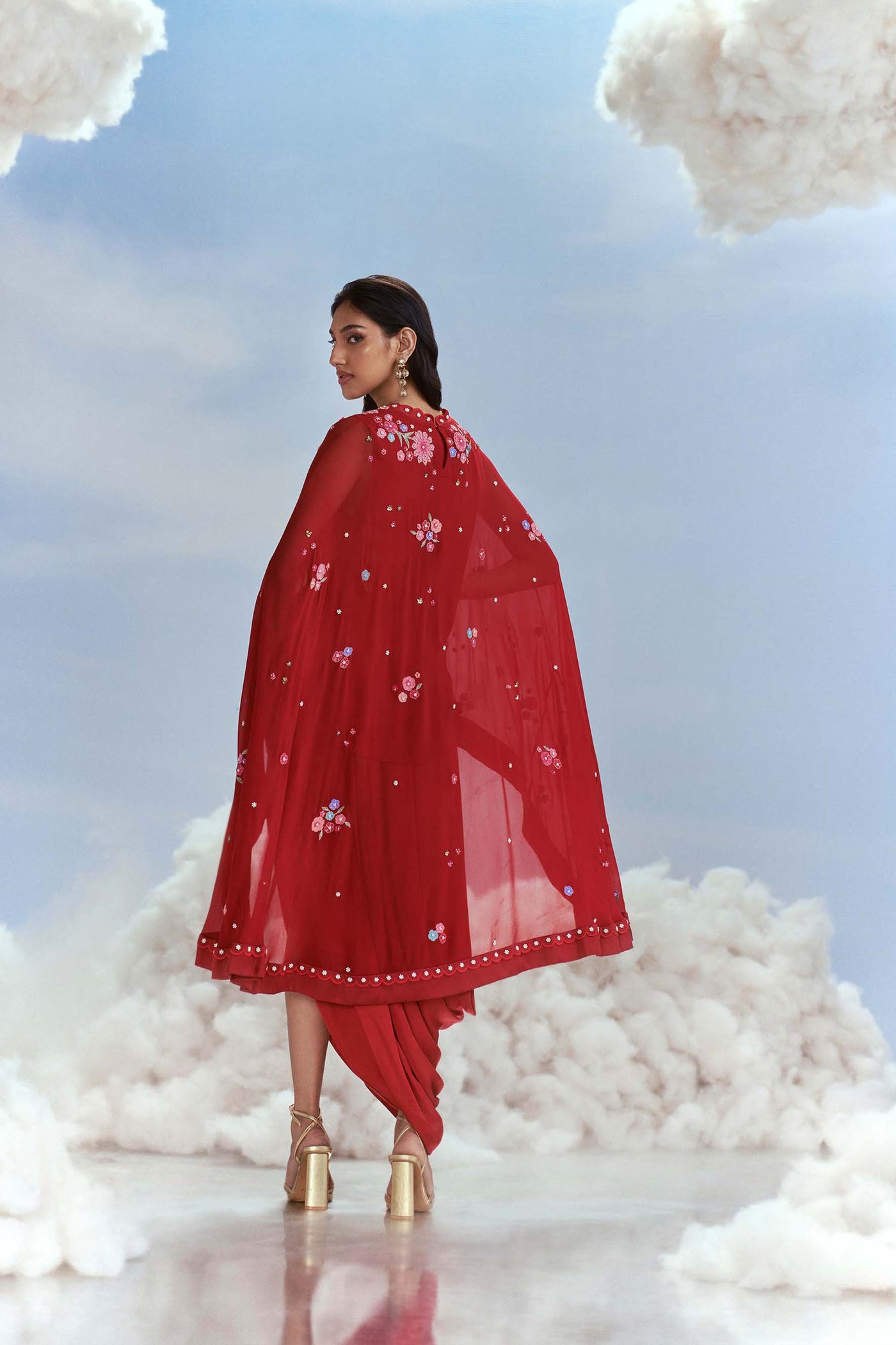 Nachiket Barve Izmir Red Carnations Cape Set indian designer wear online shopping melange singapore