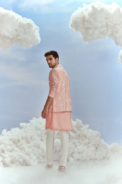 Nachiket Barve Menswear Mehtab Bagh Jaal Salmon Bundi Kurta Set indian designer wear online shopping melange singapore