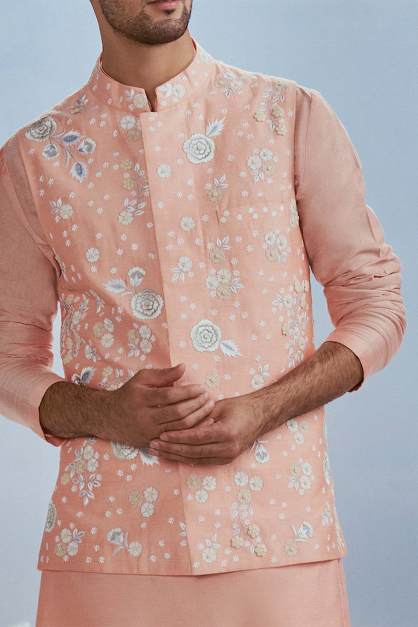 Nachiket Barve Menswear Mehtab Bagh Jaal Salmon Bundi Kurta Set indian designer wear online shopping melange singapore