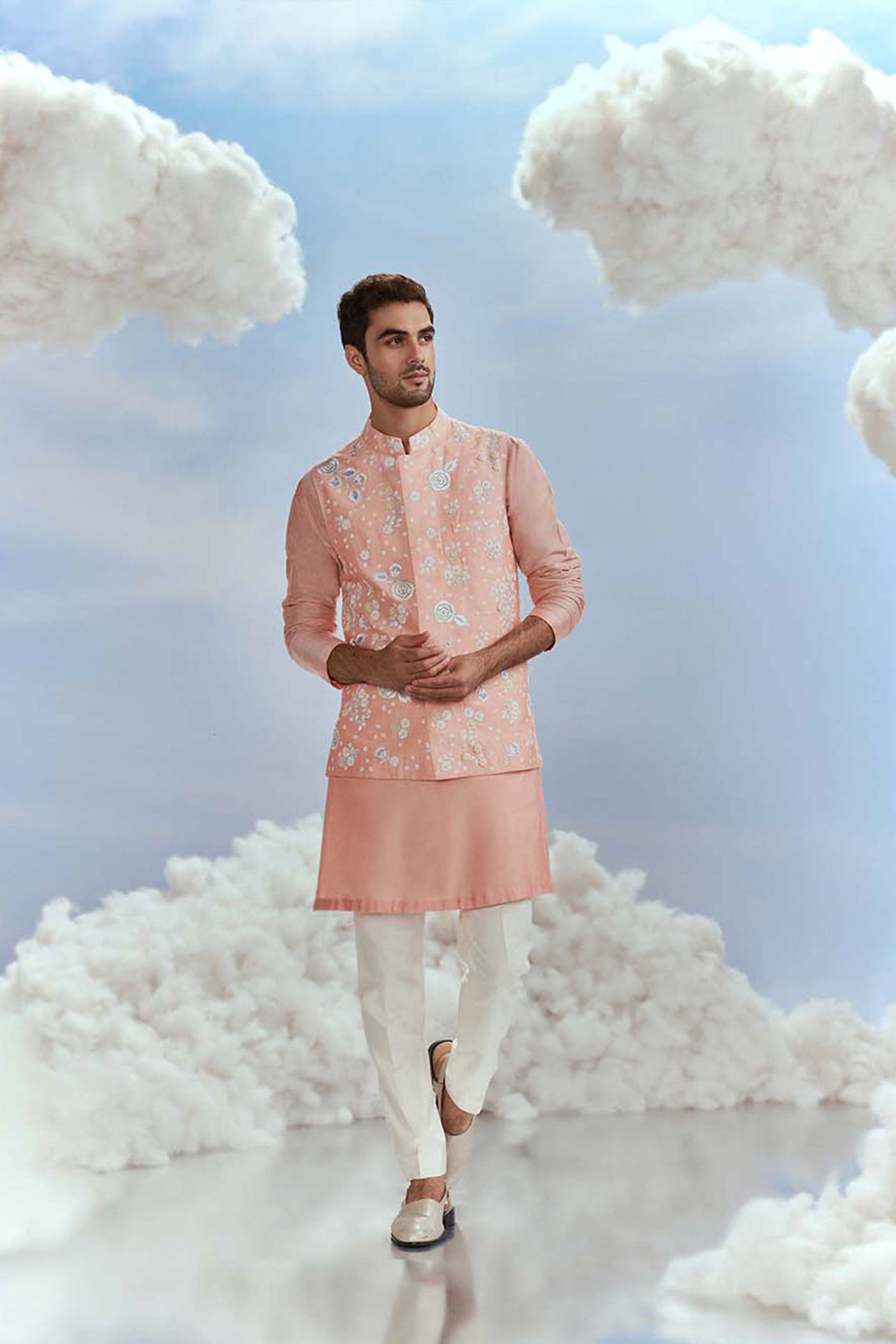 Nachiket Barve Menswear Mehtab Bagh Jaal Salmon Bundi Kurta Set indian designer wear online shopping melange singapore