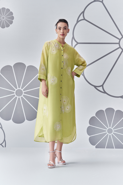 Chrysanthemum Felt Applique Nachiket Barve Lime Green Indian Designer Wear Melange Singapore Online Shopping