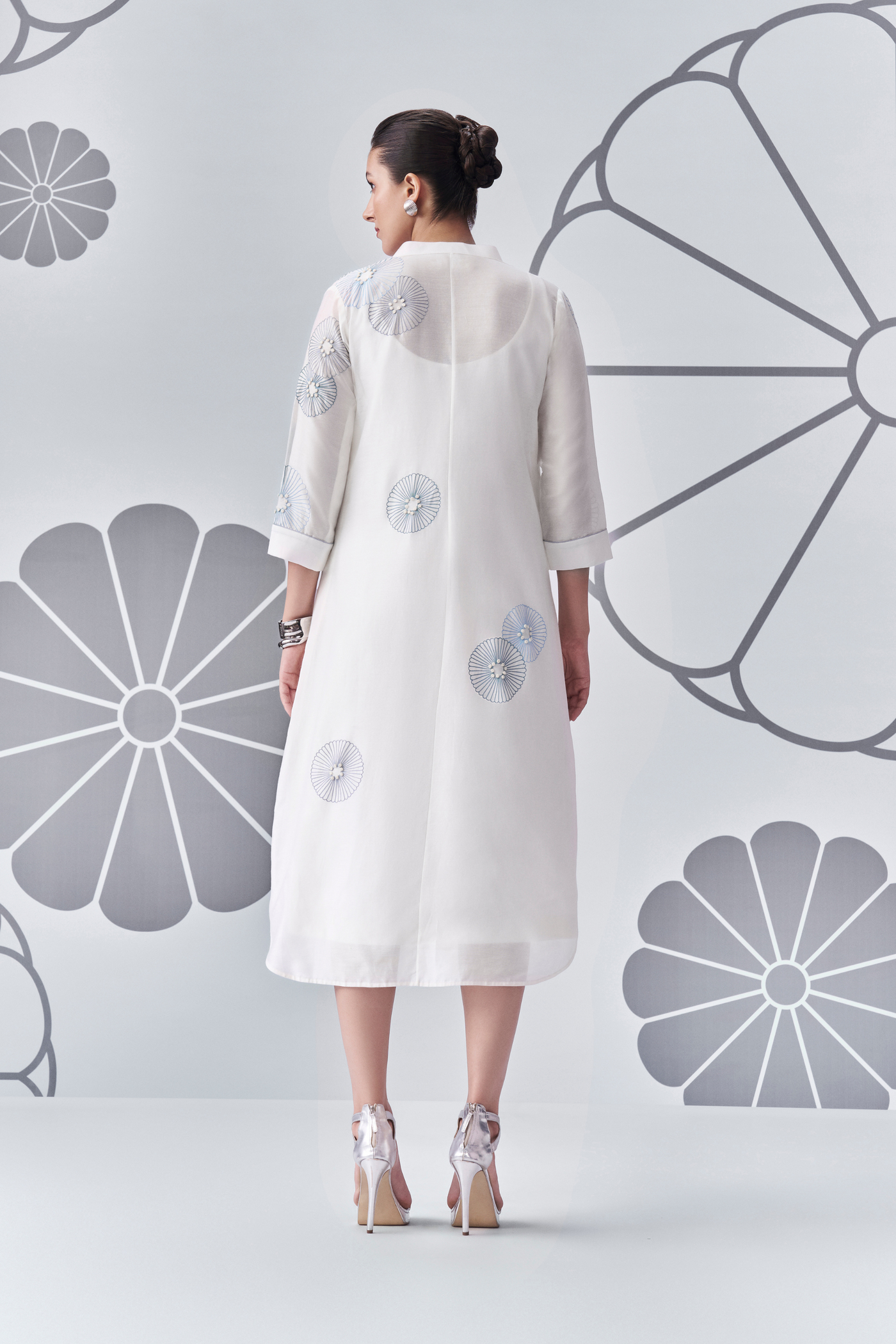 Chrysanthemum Felt Applique Shirt Dress Melange Singapore White Online Shopping Indian Designer Wear