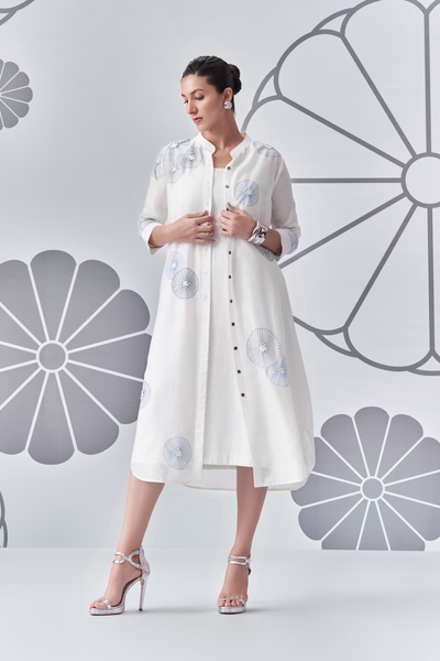 Chrysanthemum Felt Applique Shirt Dress Melange Singapore White Online Shopping Indian Designer Wear