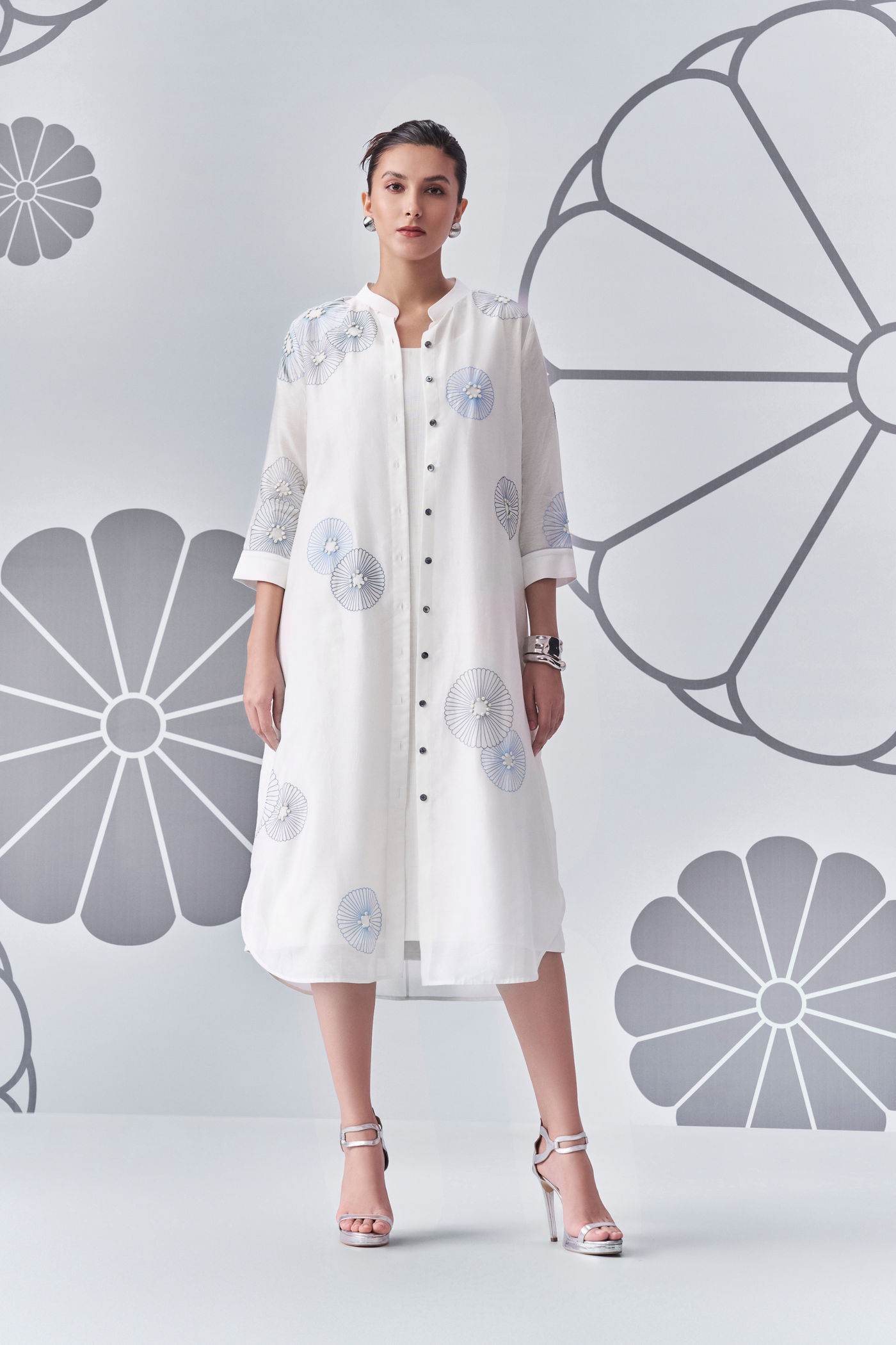 Chrysanthemum Felt Applique Shirt Dress Melange Singapore White Online Shopping Indian Designer Wear