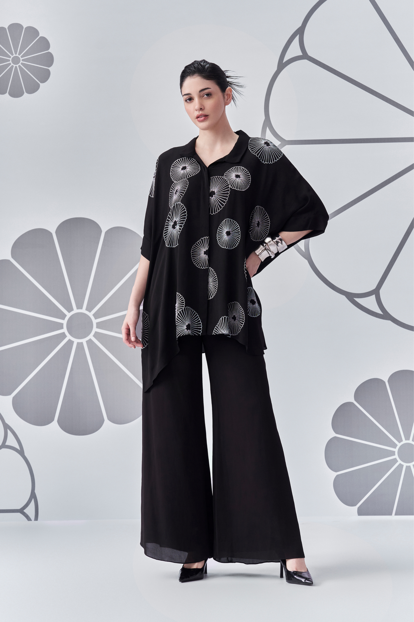 Chrysanthemum Poncho Shirt Melane Singapore Online Shopping Indian Designer Wear Black Nachiket Barve