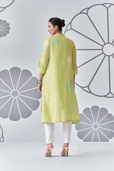 Chrysanthemum Felt Applique Kurta Nachiket Barve Lime Green Online Shopping Indian Designer Wear Melange Singapore