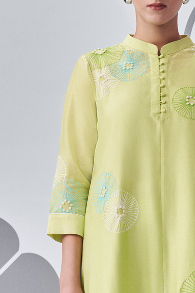 Chrysanthemum Felt Applique Kurta Nachiket Barve Lime Green Online Shopping Indian Designer Wear Melange Singapore