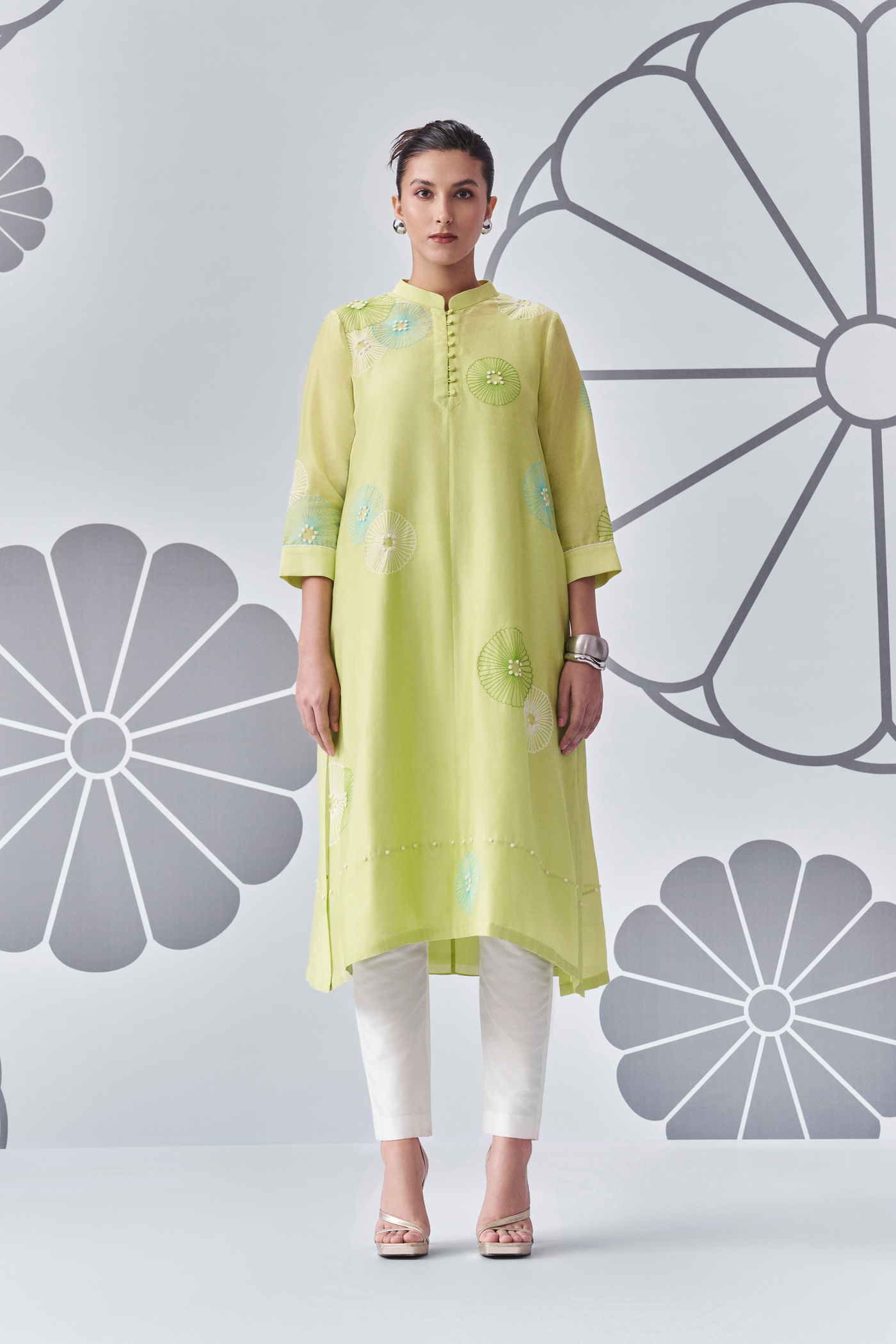 Chrysanthemum Felt Applique Kurta Nachiket Barve Lime Green Online Shopping Indian Designer Wear Melange Singapore