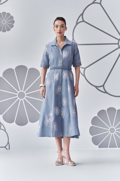 Chrysanthemum Denim Dress Blue Nachiket Barve Melange Singapore Online Shopping Indian Designer Wear