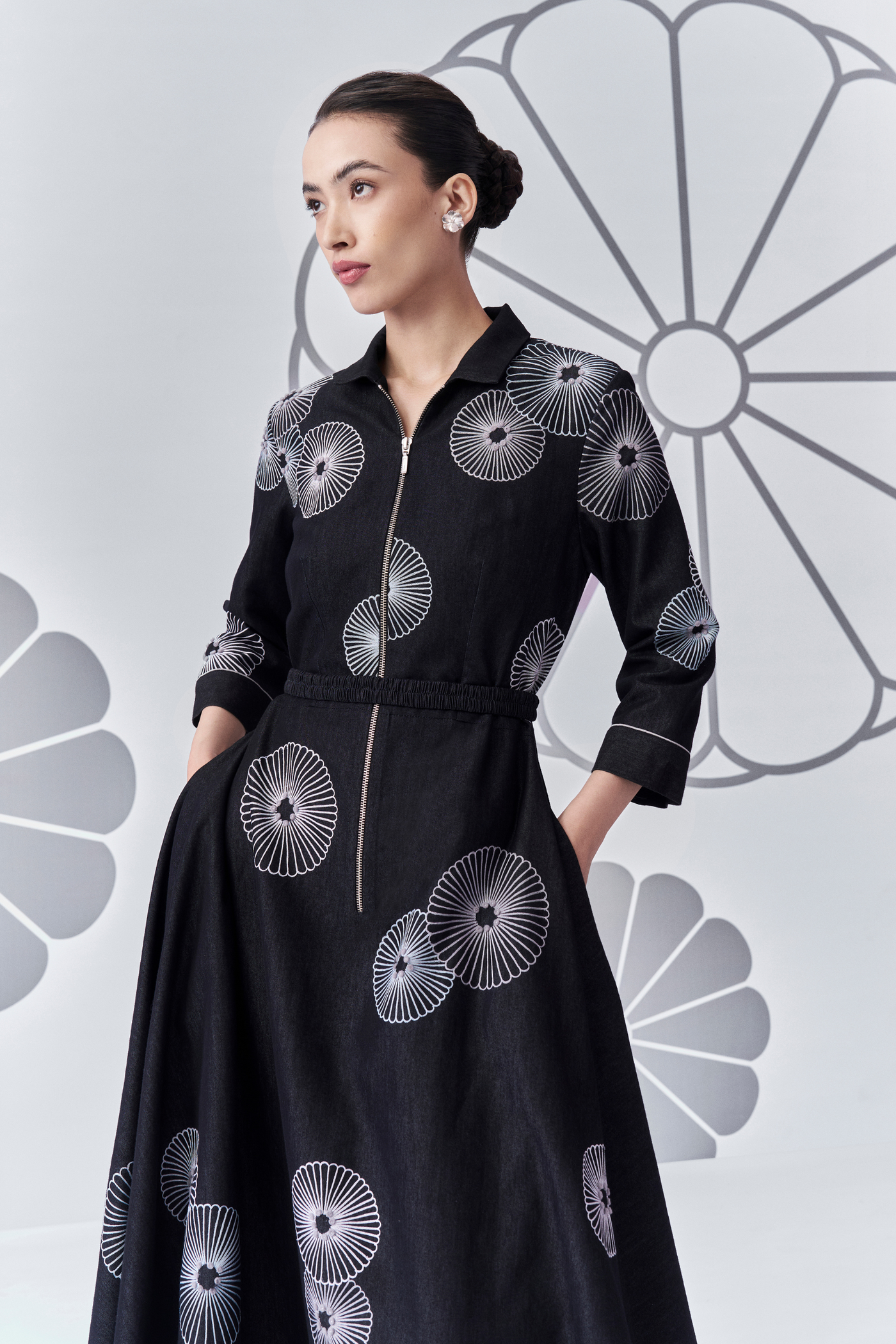 Chrysanthemum Trapezium Denim Dress Melange Singapore Online Shopping Indian Designer Wear Black Nachiket Barve