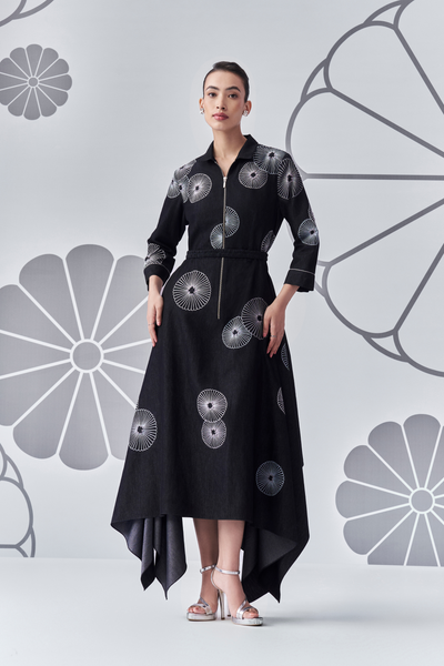 Chrysanthemum Trapezium Denim Dress Melange Singapore Online Shopping Indian Designer Wear Black Nachiket Barve