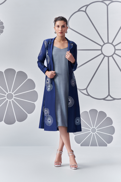 Chrysanthemum Jacket and Dress Grey Blue Nachiket Barve Indian Designer Wear Online Shopping Melange Singapore