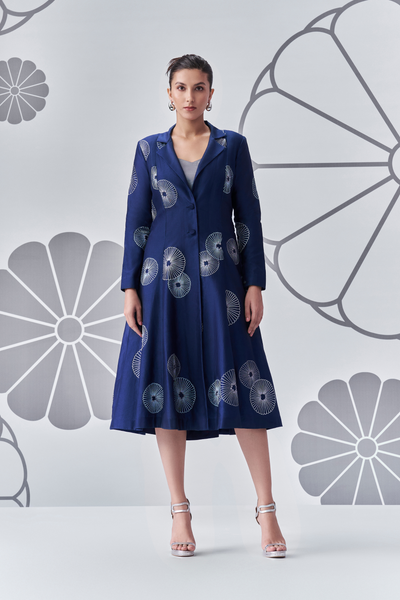 Chrysanthemum Jacket and Dress Grey Blue Nachiket Barve Indian Designer Wear Online Shopping Melange Singapore