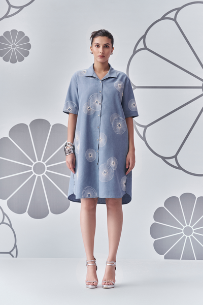 Chrysanthemum Denim Slouchy Shirt Dress Melange Singapore Online Shopping Indian Designer Wear Nachiket Barve