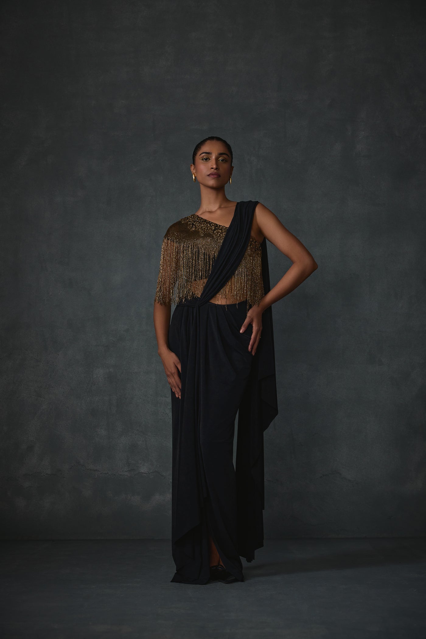 Namrata Joshipura Akari Fringe Draped Saree indian designer wear online shopping melange singapore