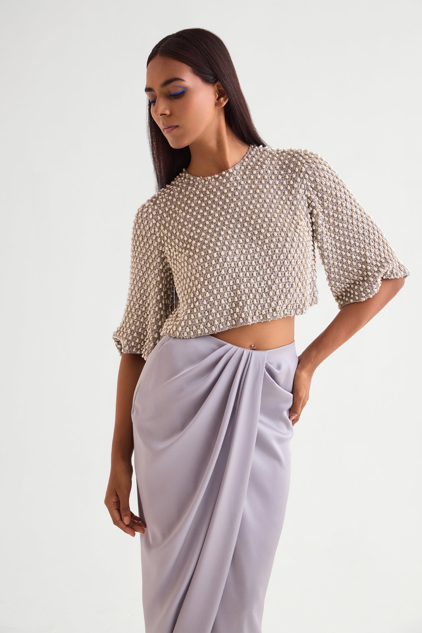 Namrata Joshipura Pearl Drops Crop Top With Draped Skirt indian designer wear online shopping melange singapore