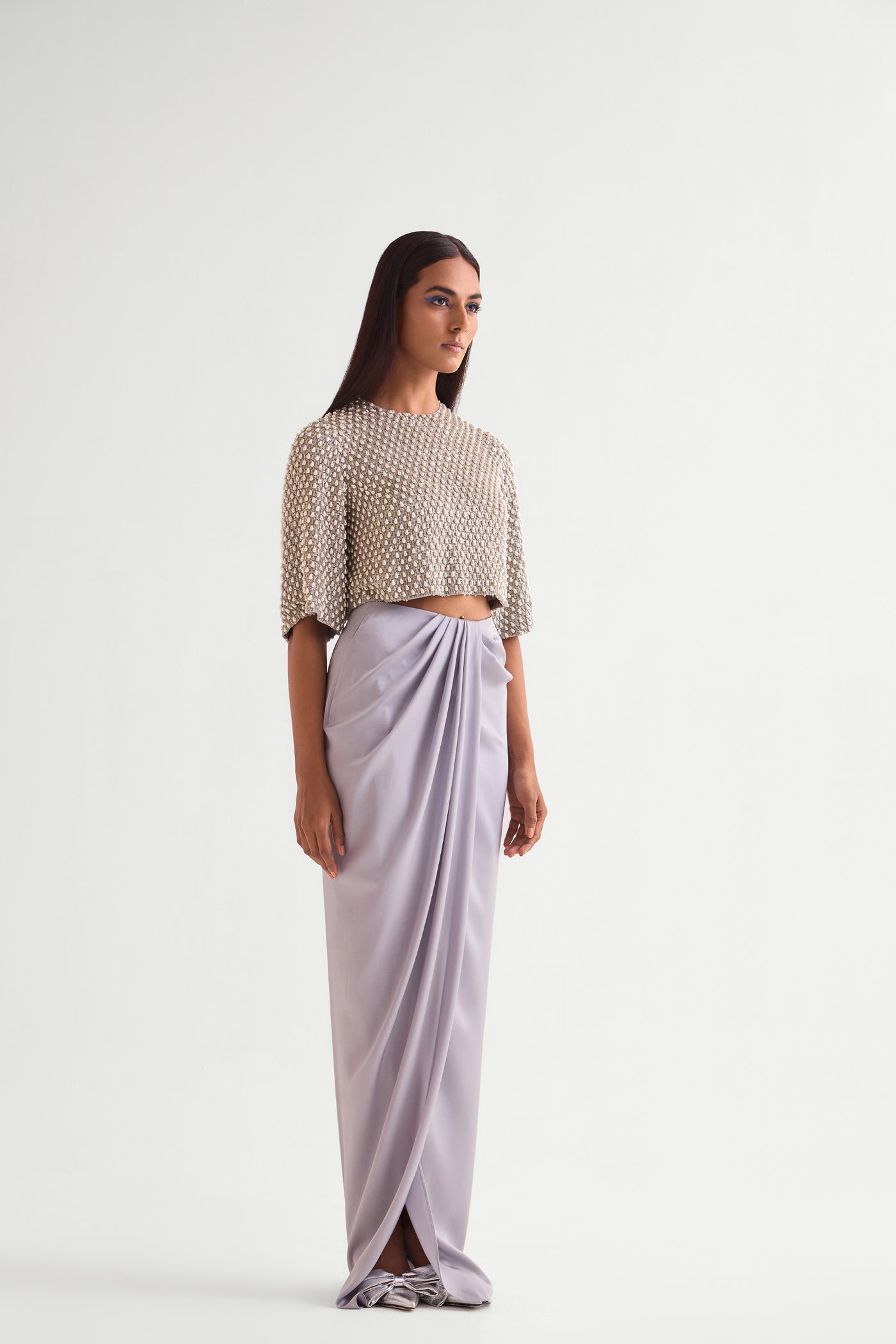 Namrata Joshipura Pearl Drops Crop Top With Draped Skirt indian designer wear online shopping melange singapore