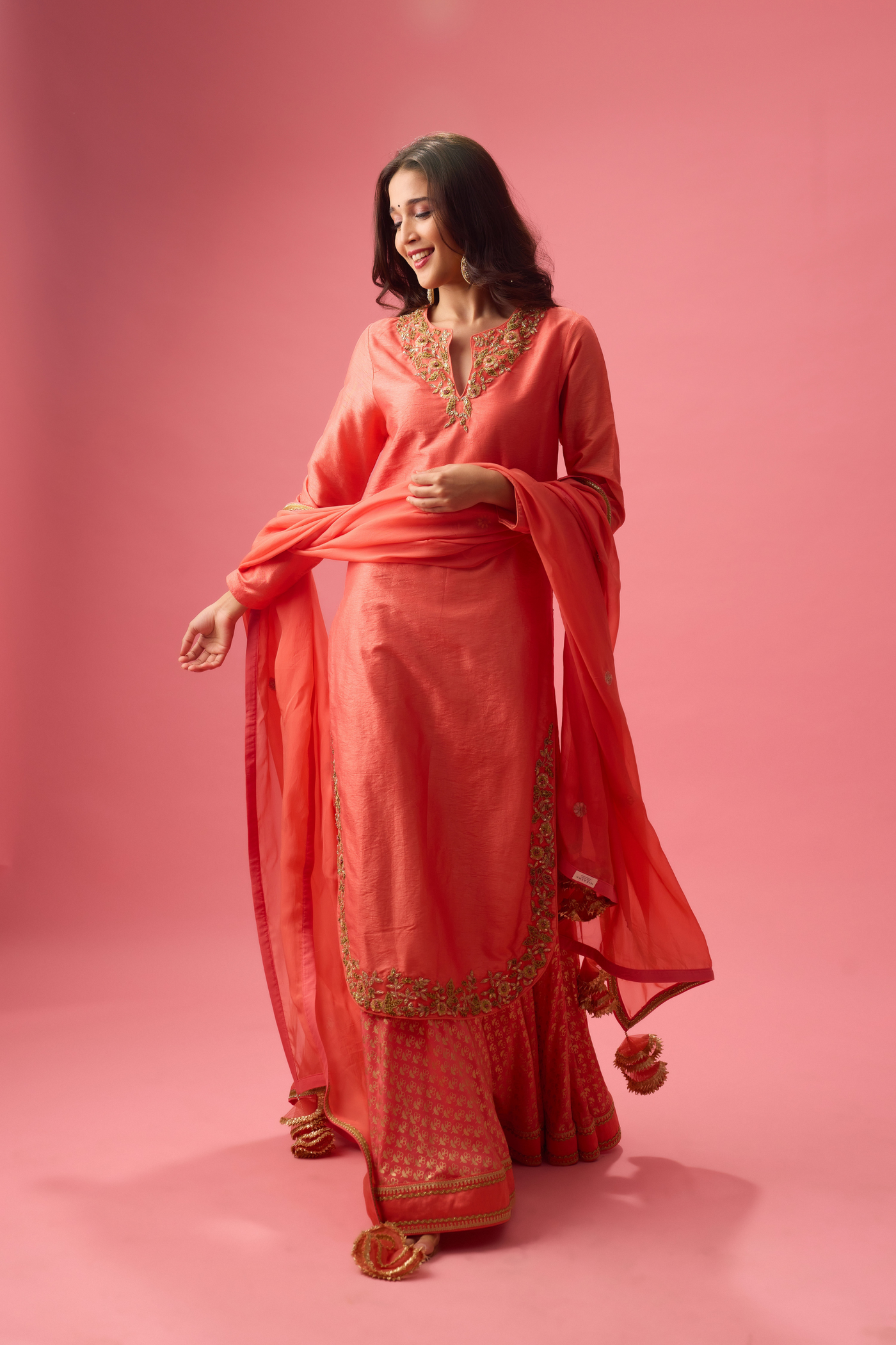 Nikasha Apple Cut Kurta with Double Layer Organza Paired with Dupatta Rose Salmon Womenswear Melange Singapore Online Shopping