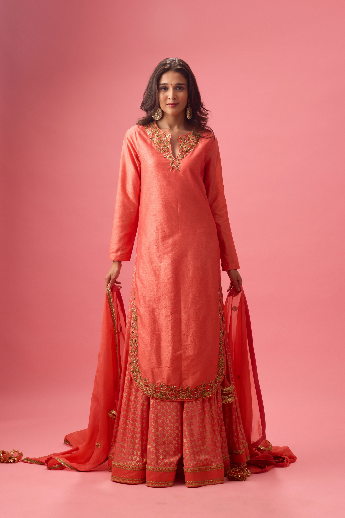 Nikasha Apple Cut Kurta with Double Layer Organza Paired with Dupatta Rose Salmon Womenswear Melange Singapore Online Shopping