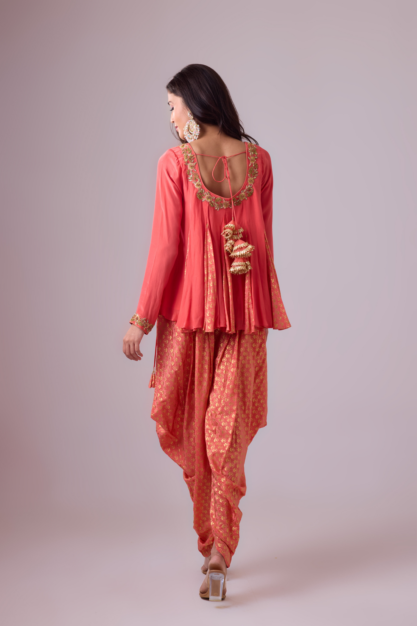 Nikasha Crepe Godet Top with Pleated Dhoti Salwar Pant and Scarf Rose Salmon Melange Singapore Online Shopping Womenswear