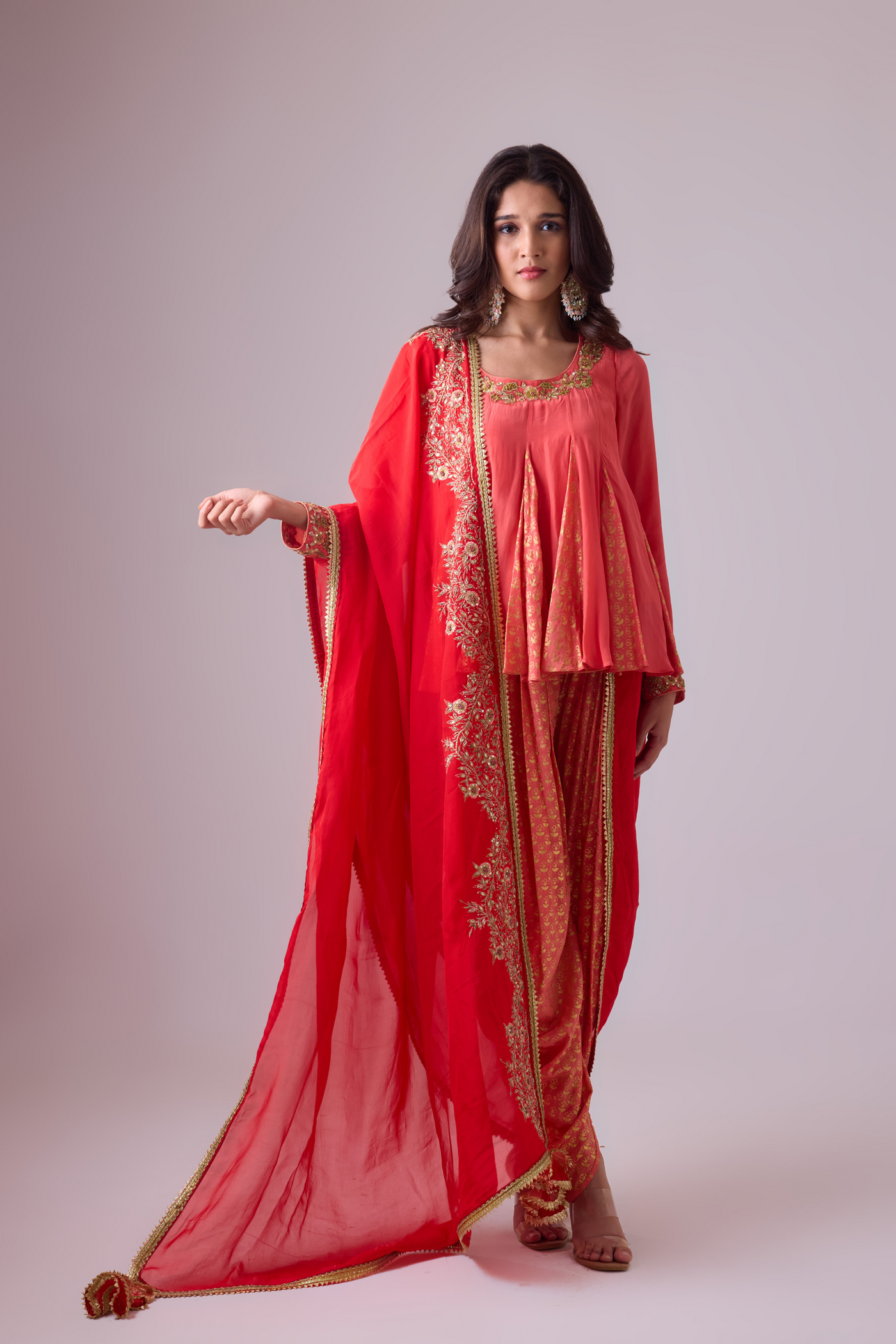 Nikasha Crepe Godet Top with Pleated Dhoti Salwar Pant and Scarf Rose Salmon Melange Singapore Online Shopping Womenswear