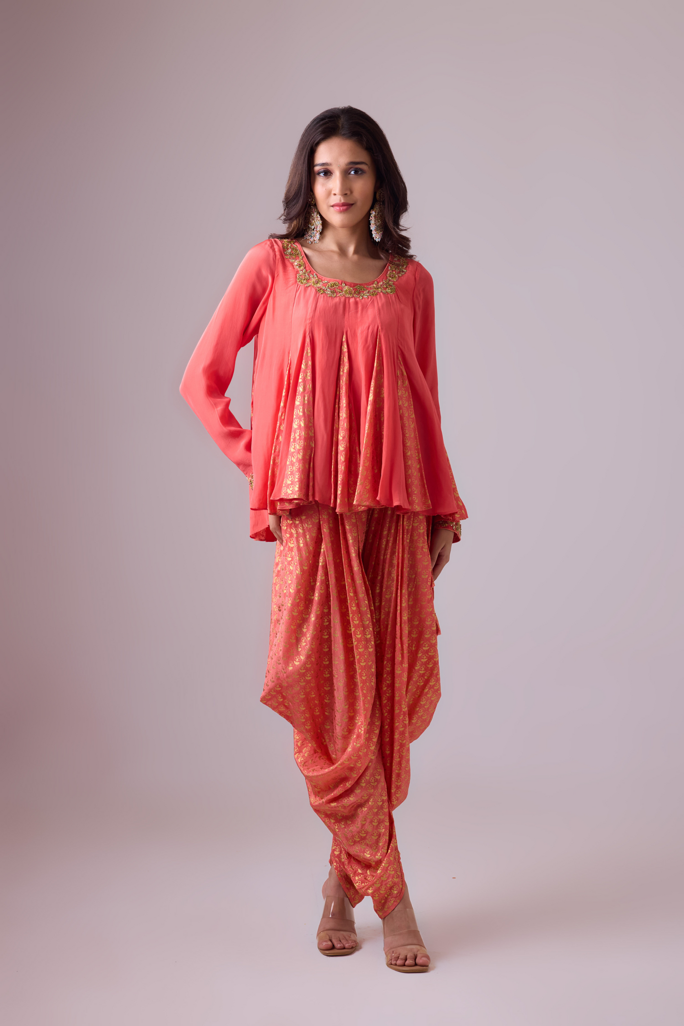 Nikasha Crepe Godet Top with Pleated Dhoti Salwar Pant and Scarf Rose Salmon Melange Singapore Online Shopping Womenswear