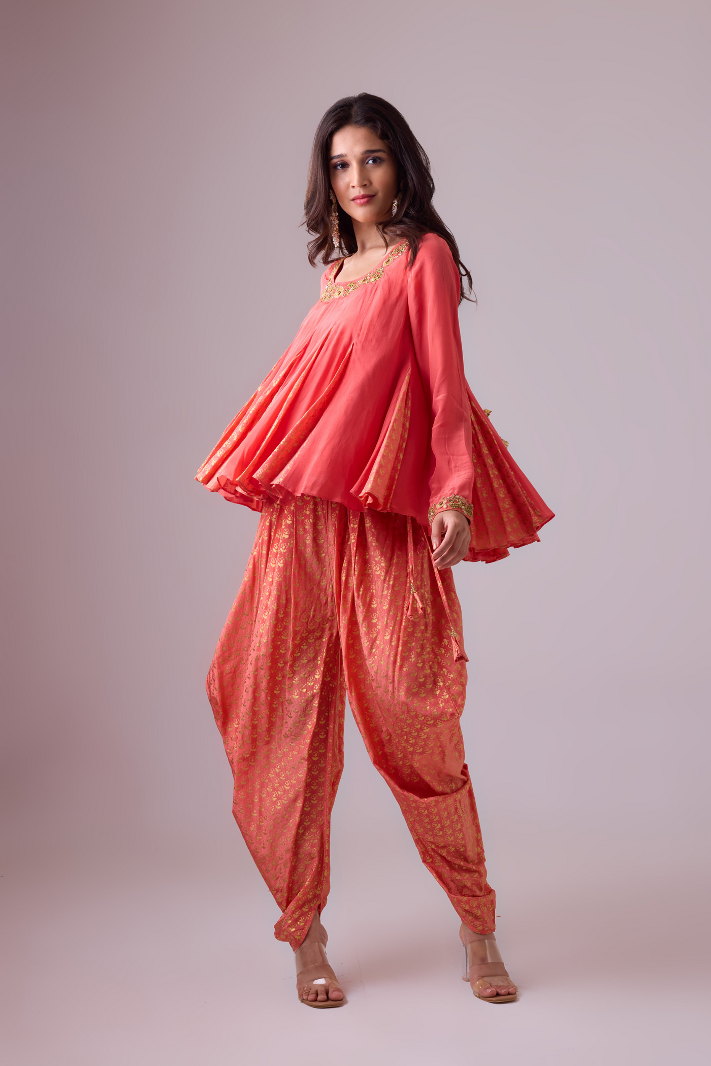 Nikasha Crepe Godet Top with Pleated Dhoti Salwar Pant and Scarf Rose Salmon Melange Singapore Online Shopping Womenswear