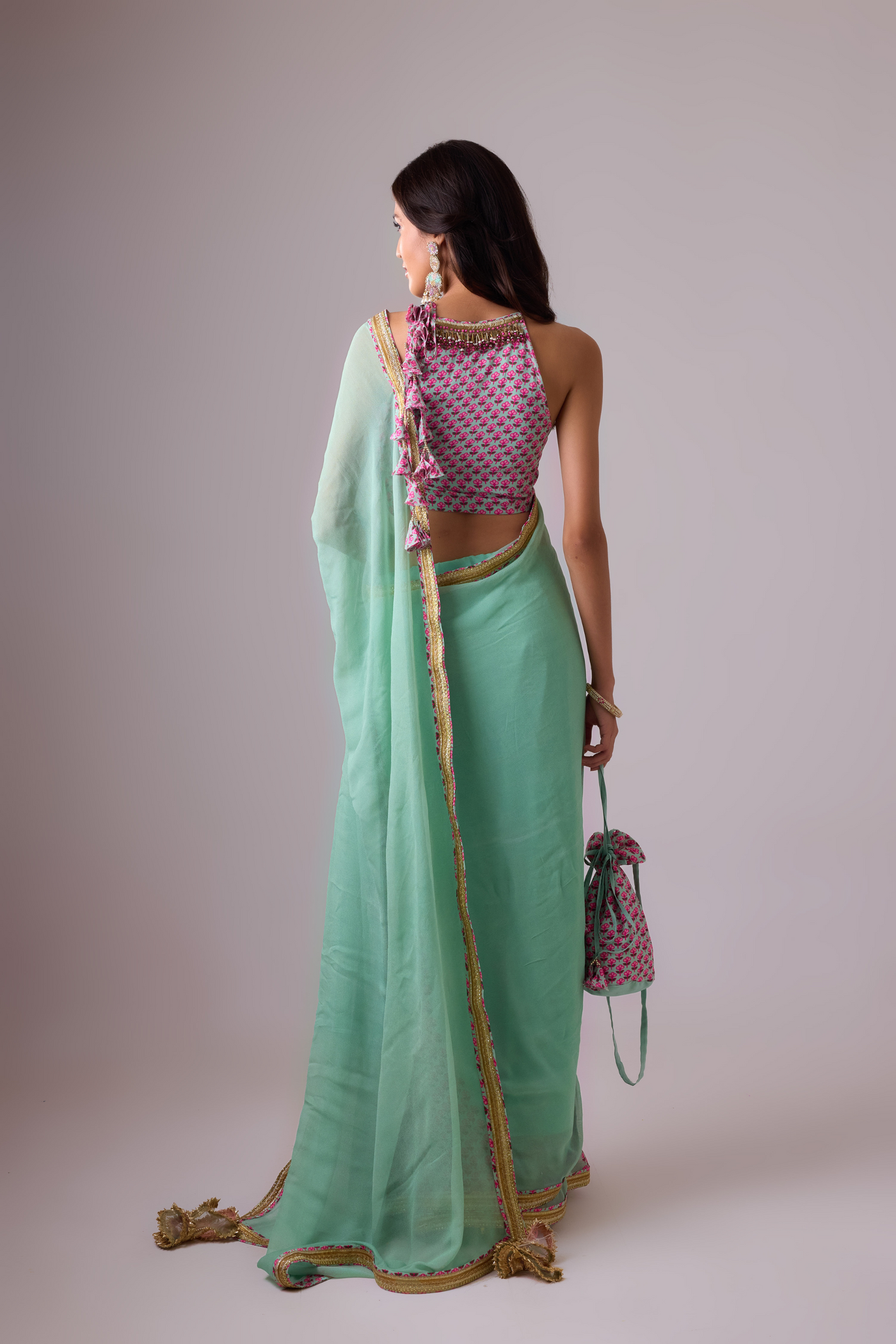 Nikasha Georgette Saree with Crepe Blouse Blue Pink Melange Singapore Online Shopping Womenswear