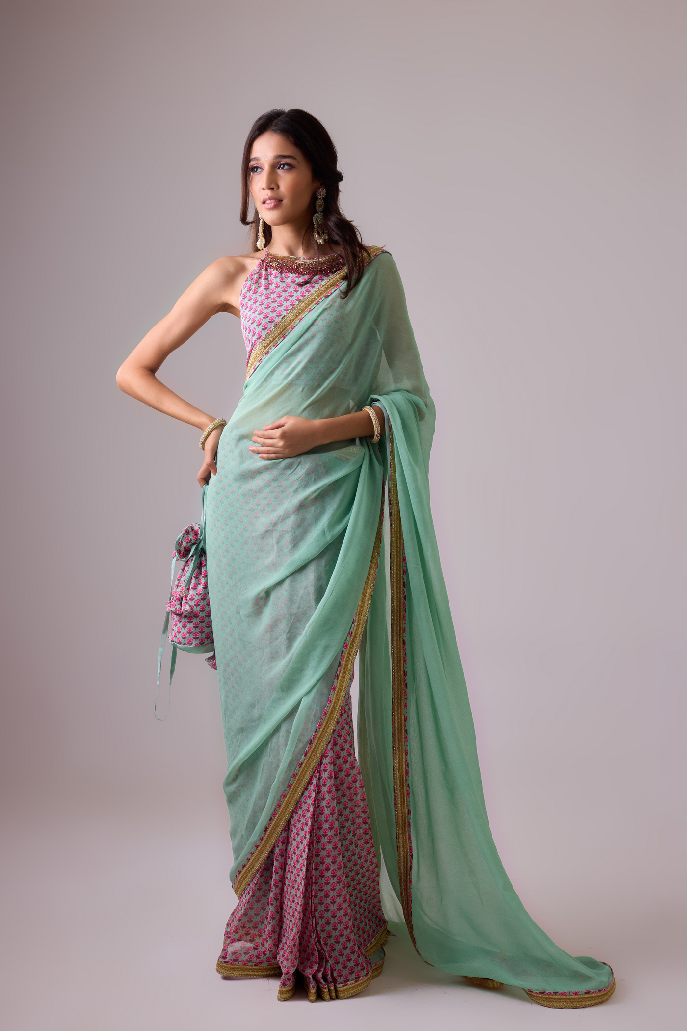 Nikasha Georgette Saree with Crepe Blouse Blue Pink Melange Singapore Online Shopping Womenswear