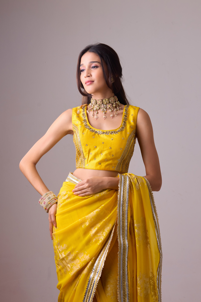 Nikasha Georgette Badal Sitara Gold Foil Printed Saree with Gota Blouse Yellow Womenswear Online Shopping Melange Singapore