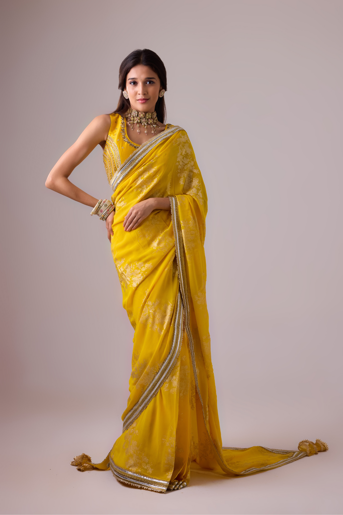 Nikasha Georgette Badal Sitara Gold Foil Printed Saree with Gota Blouse Yellow Womenswear Online Shopping Melange Singapore