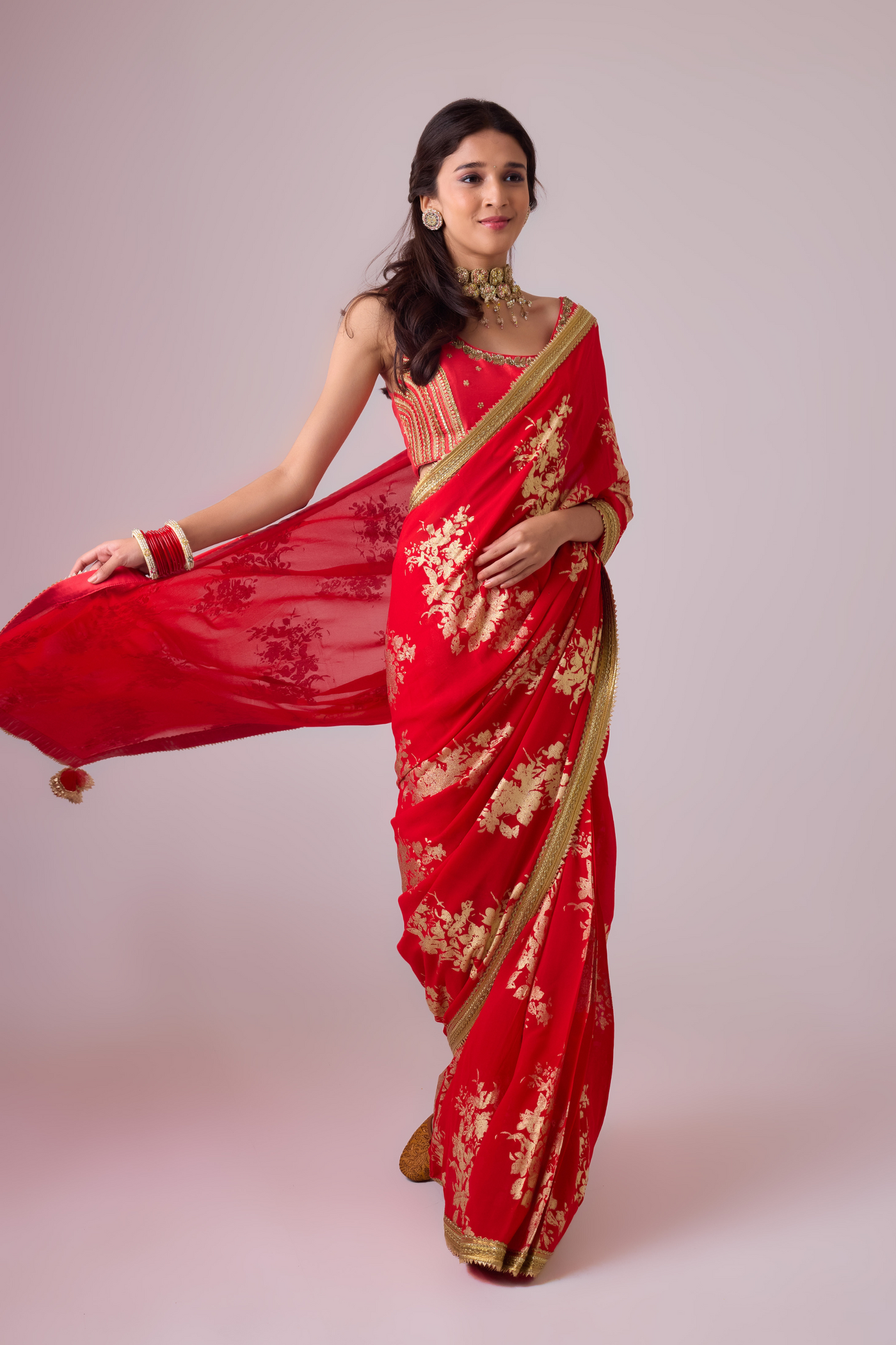 Nikasha Georgette Badal Sitara Gold Foil Printed Saree with Gota Blouse Red Melange Singapore Online Shopping Womenswear