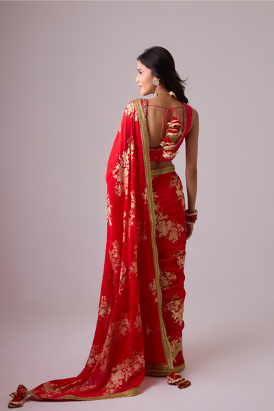 Nikasha Georgette Badal Sitara Gold Foil Printed Saree with Gota Blouse Red Melange Singapore Online Shopping Womenswear