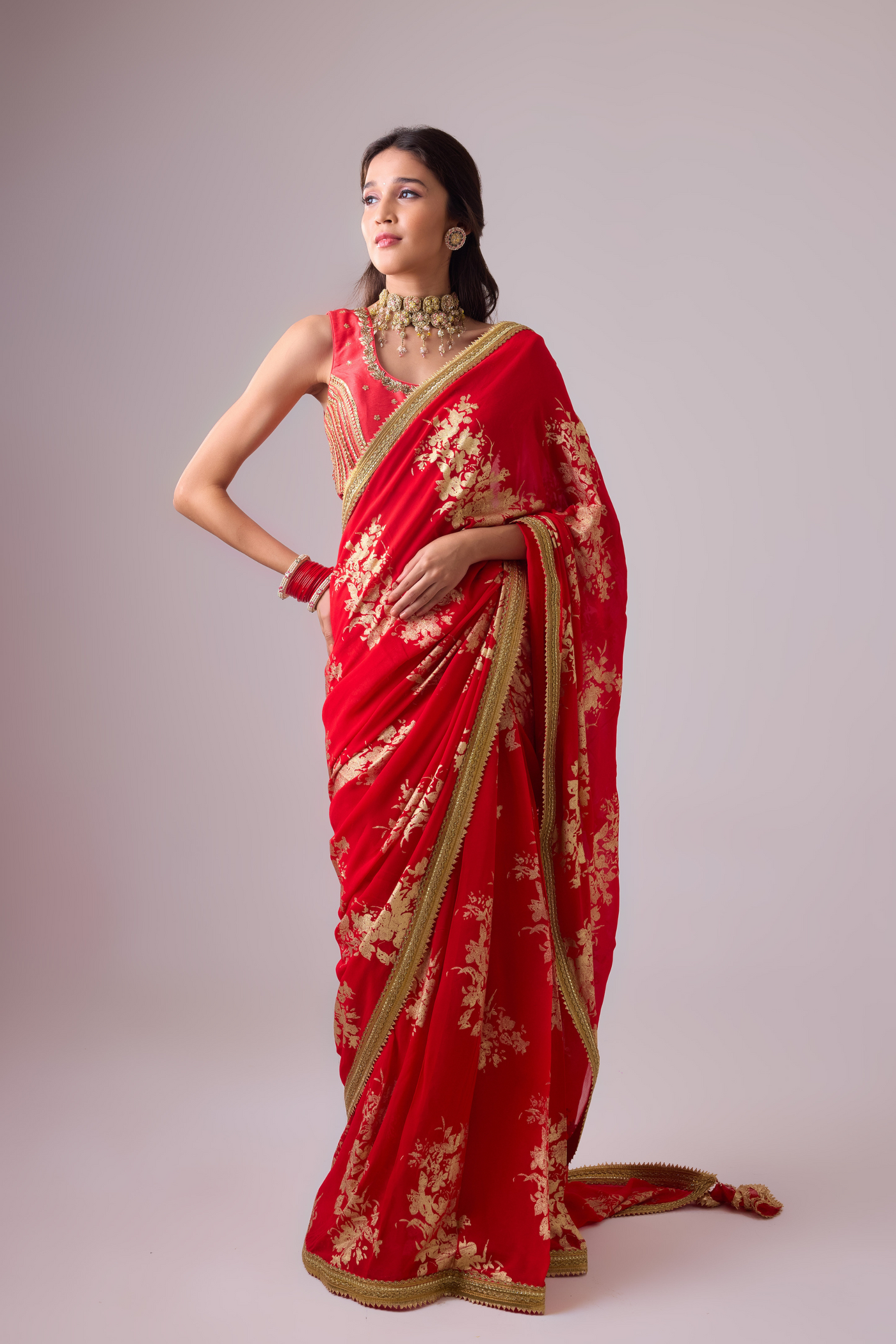 Nikasha Georgette Badal Sitara Gold Foil Printed Saree with Gota Blouse Red Melange Singapore Online Shopping Womenswear