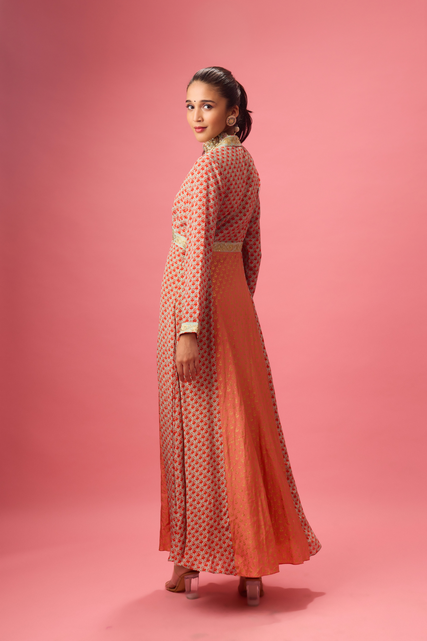 Kalidar Kurta with Print and Embroidery Paired with Churidar