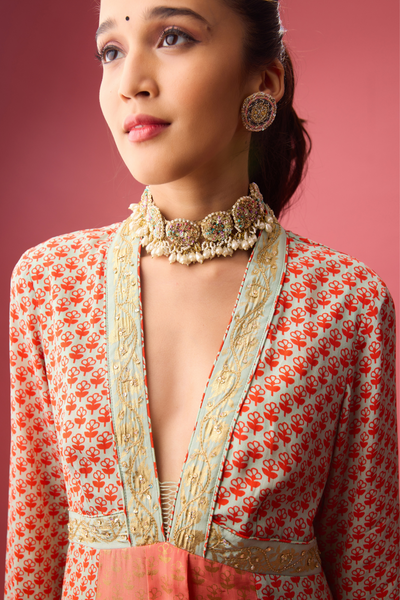 Kalidar Kurta with Print and Embroidery Paired with Churidar